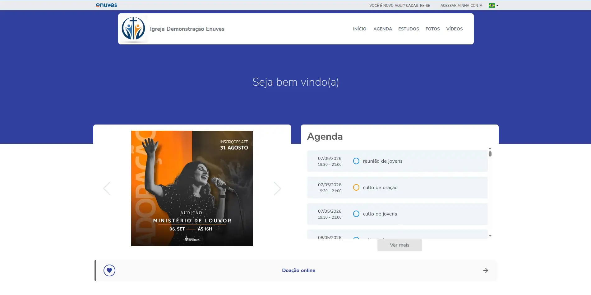 Tela desktop do site público