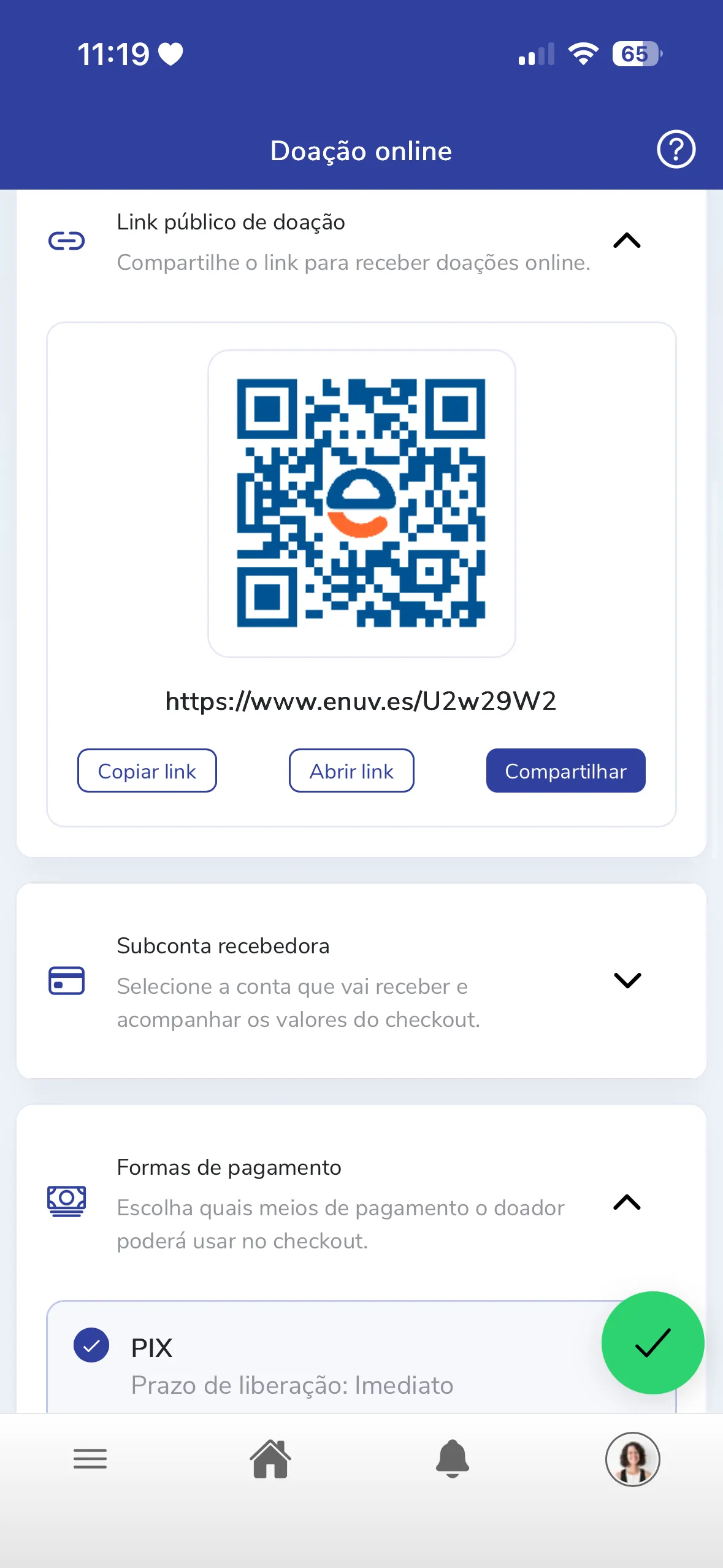 Tela de configuração da Doação Online no aplicativo Enuves