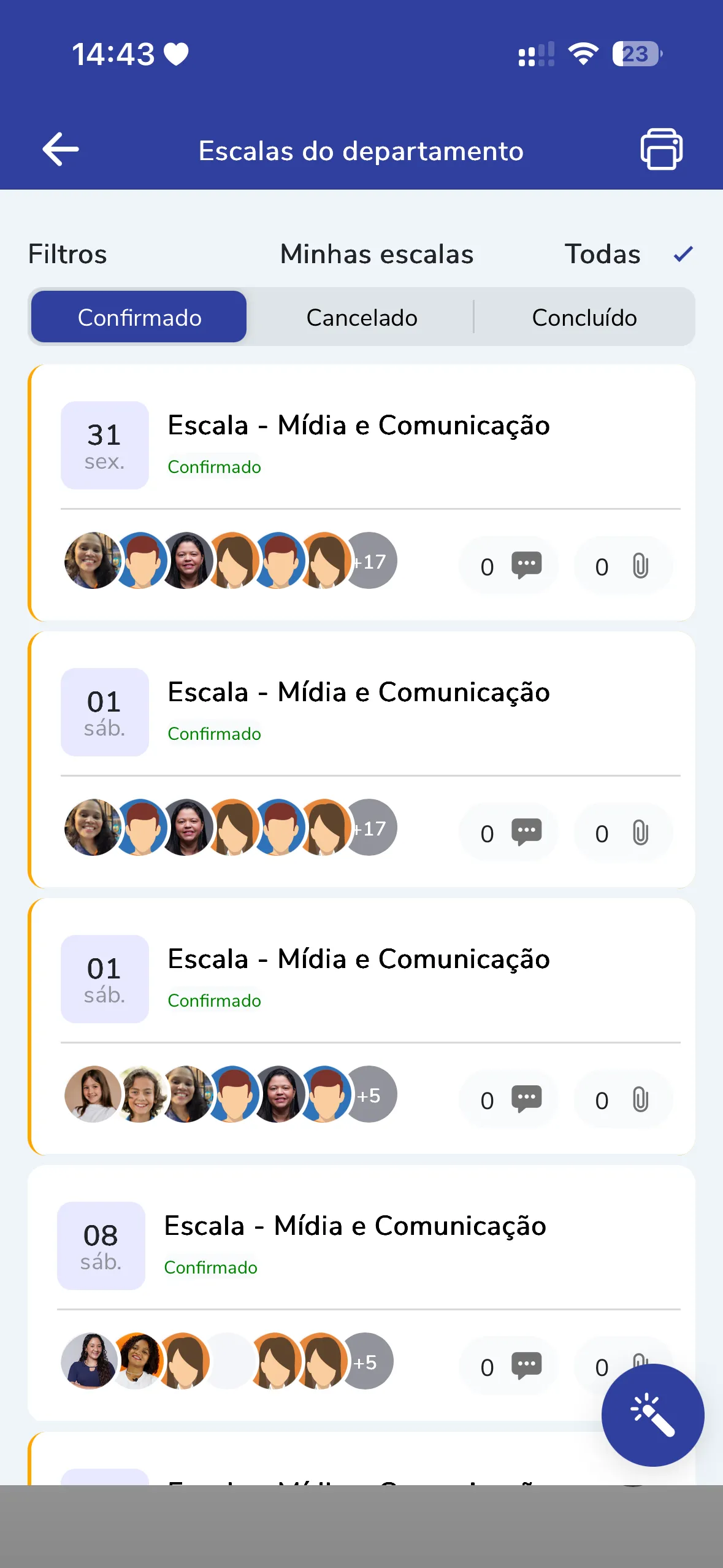 Tela real das escalas no aplicativo Enuves
